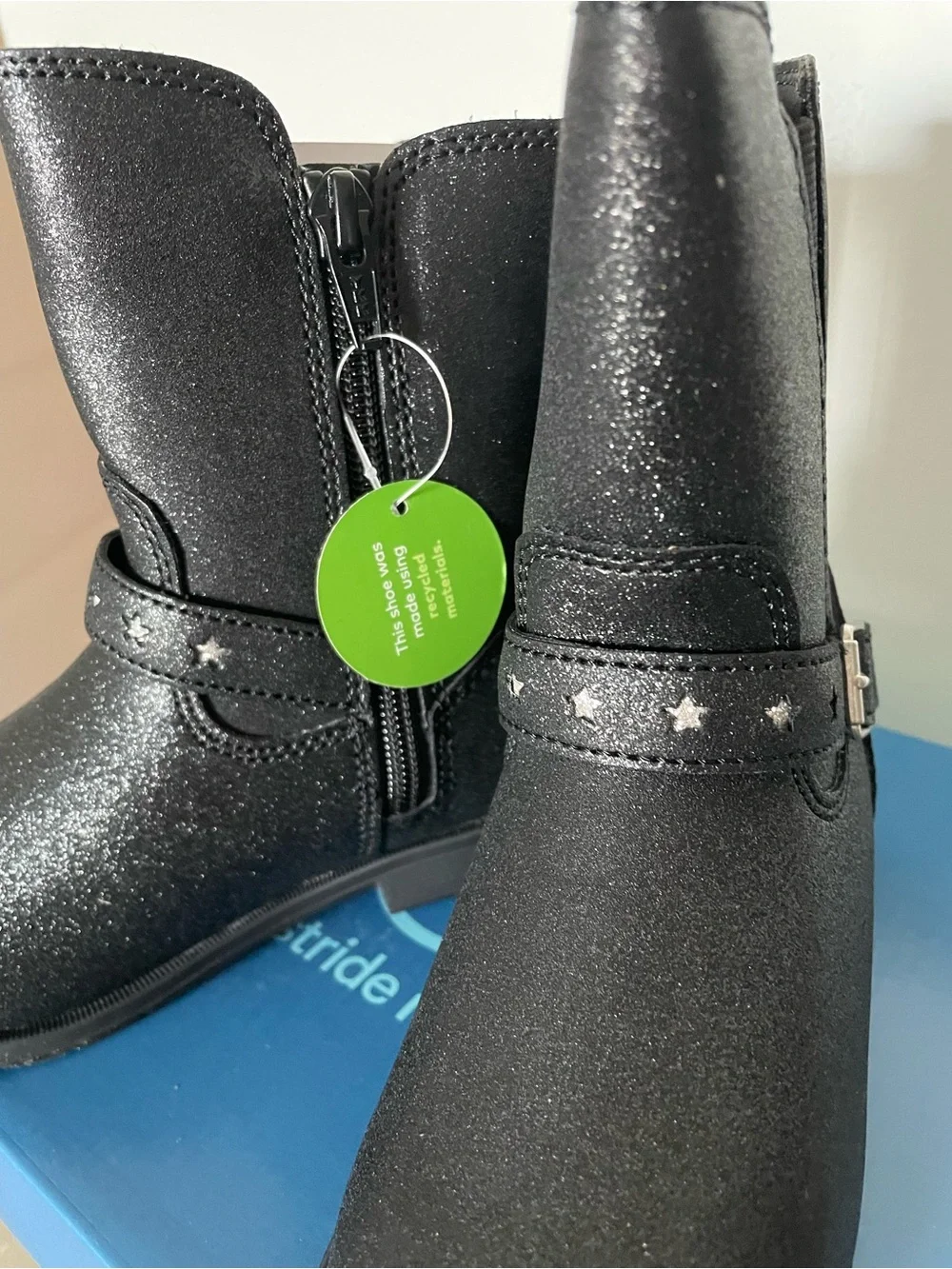 Stride Rite Sr Lizz Black Shimmer Boots Toddler Girl Zip Stars Mid Calf NEW Box